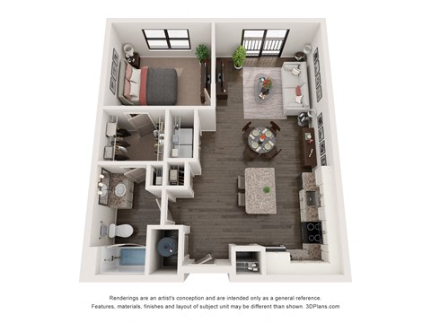 One bed one bath 730 sq ft floor plan at The Augustan in Augusta, GA